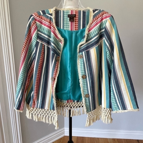 Multiples striped tassel fringe bohemian look open front jacket in a size large - Picture 2 of 16